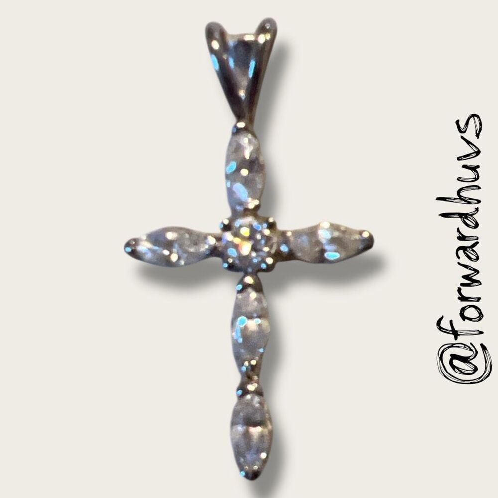 Sterling Silver CZ Cross Pendant – Marquise & Round Cut – Marked 925